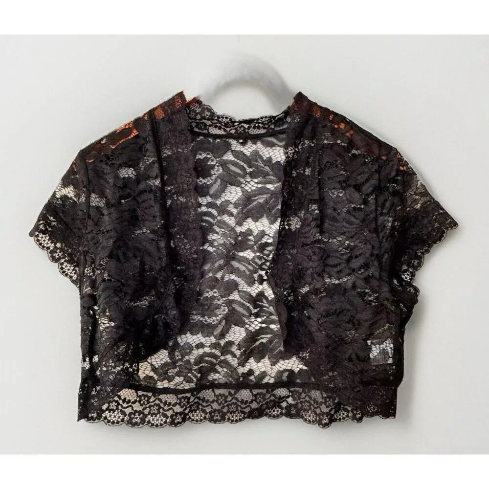 Womens Black Lace Cardigan Size Medium Cropped Short Sleeve Gothic